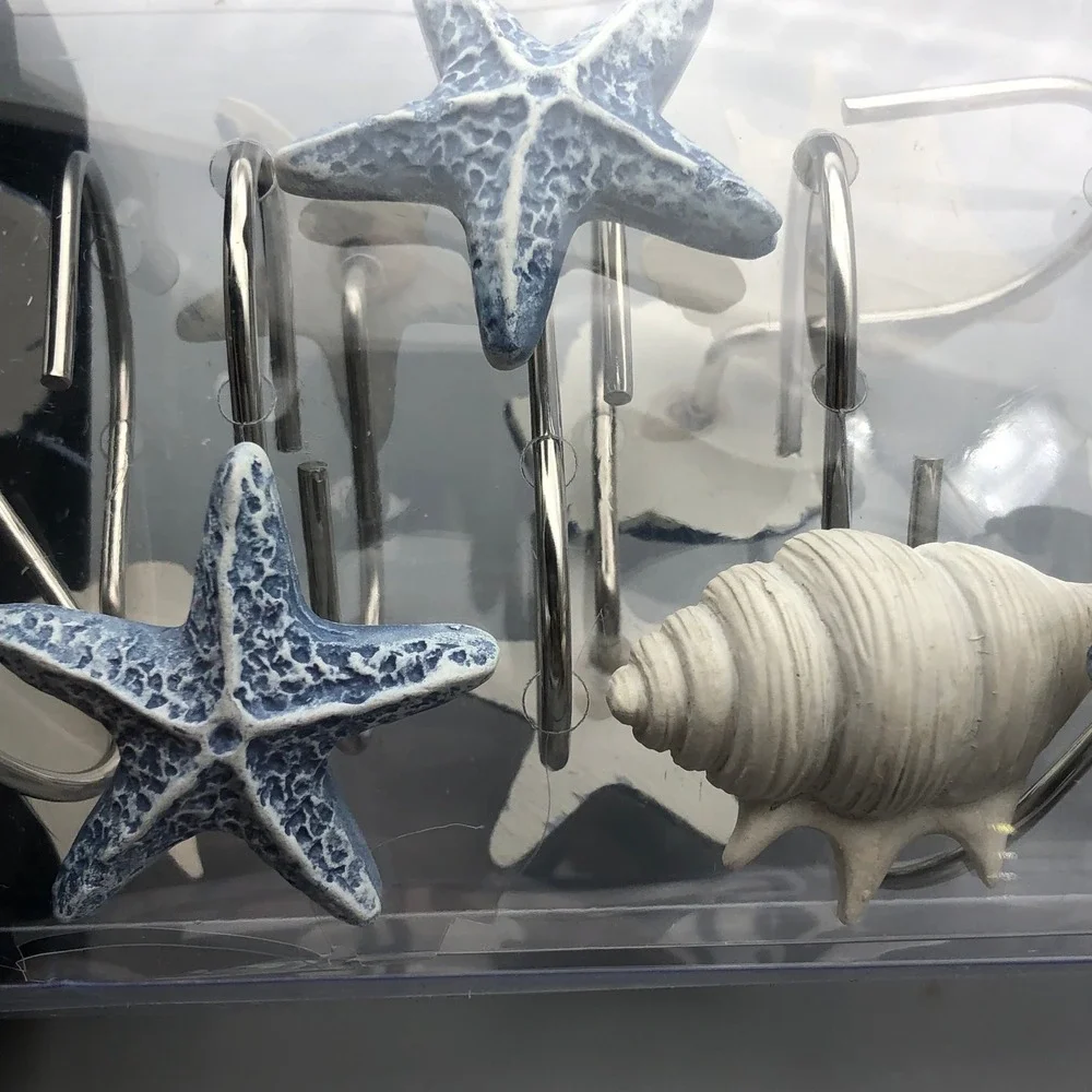 Avanti Home Abstract Coastal Shower Curtain Hooks Set of 12 Blue‎ White Beach